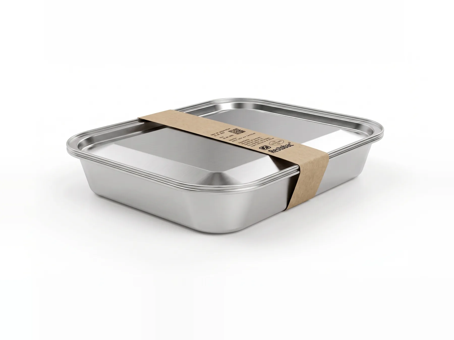 Bac GN inox fermé par une bande kraft imprimée : date, lot et QR code de traçabilité