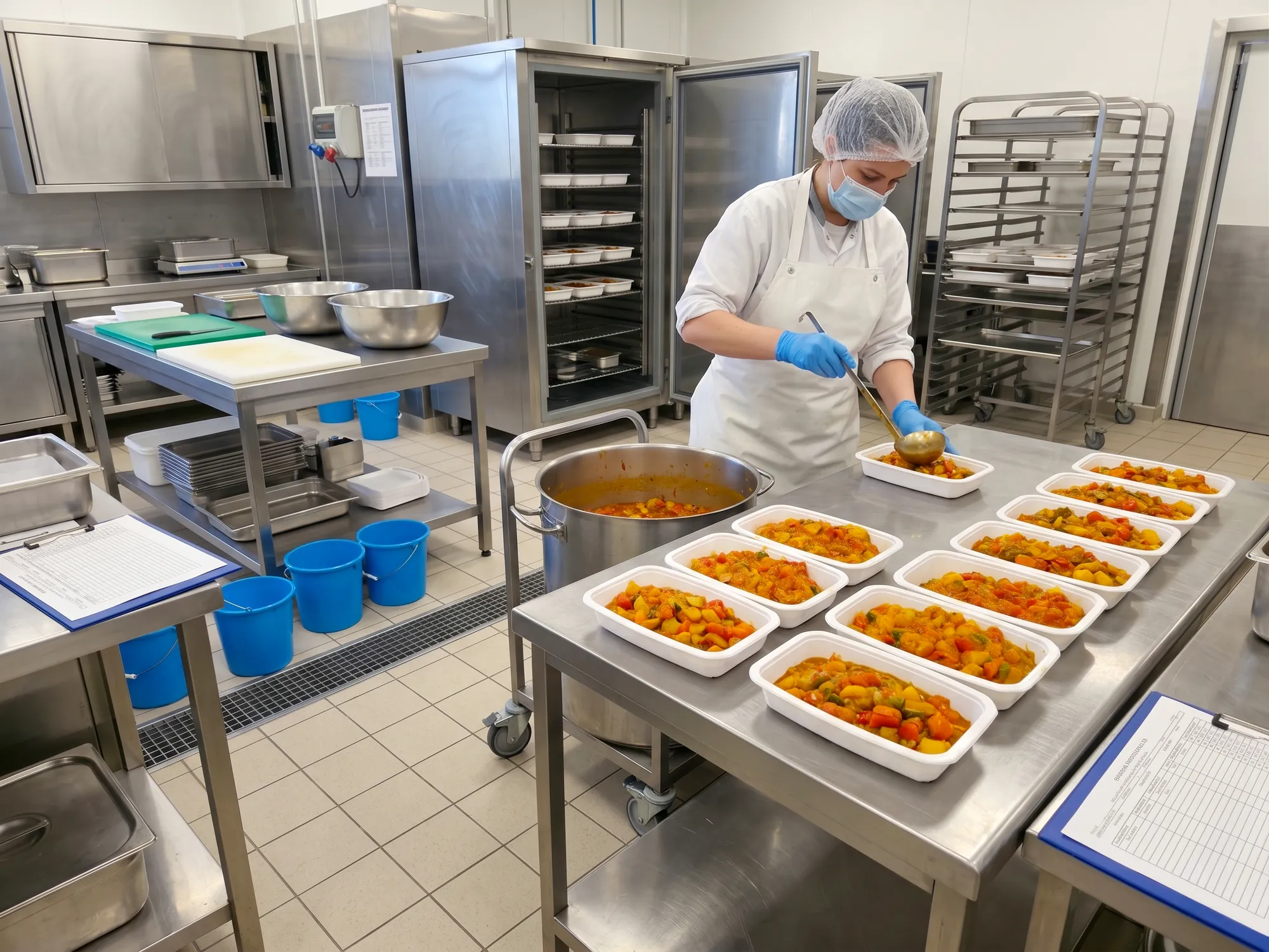 Conditionnement en cuisine centrale : une cuisinière répartit à la louche un plat de légumes dans une rangée de barquettes plastique jetables