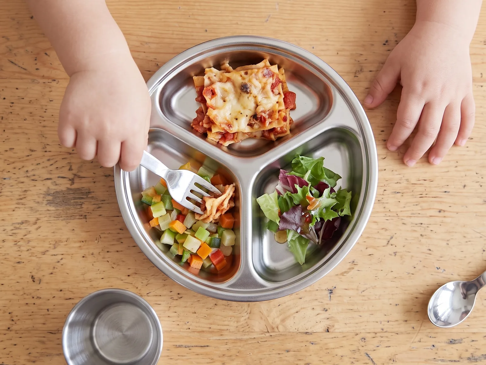 Enfant attablé devant une assiette inox à trois compartiments : légumes, lasagnes et salade
