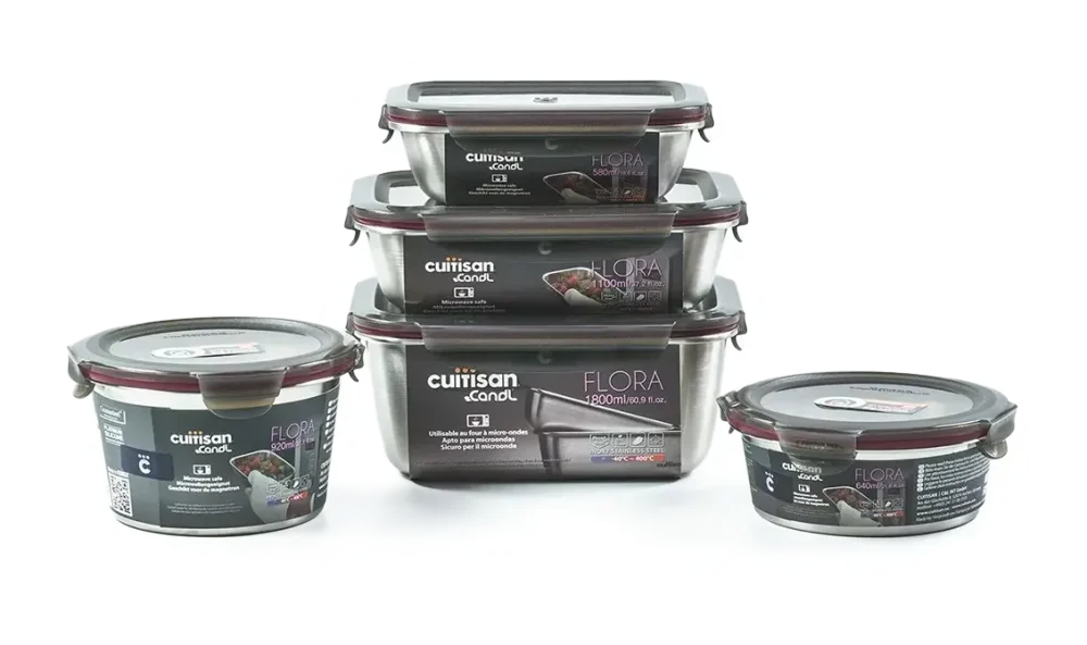 Cinq boîtes inox Cuitisan sous emballage, trois rectangulaires empilées et deux rondes, de 580 ml à 1800 ml