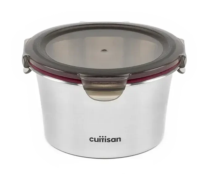 Boîte inox Cuitisan ronde de 920 ml, couvercle hermétique transparent à joint rouge et clips latéraux