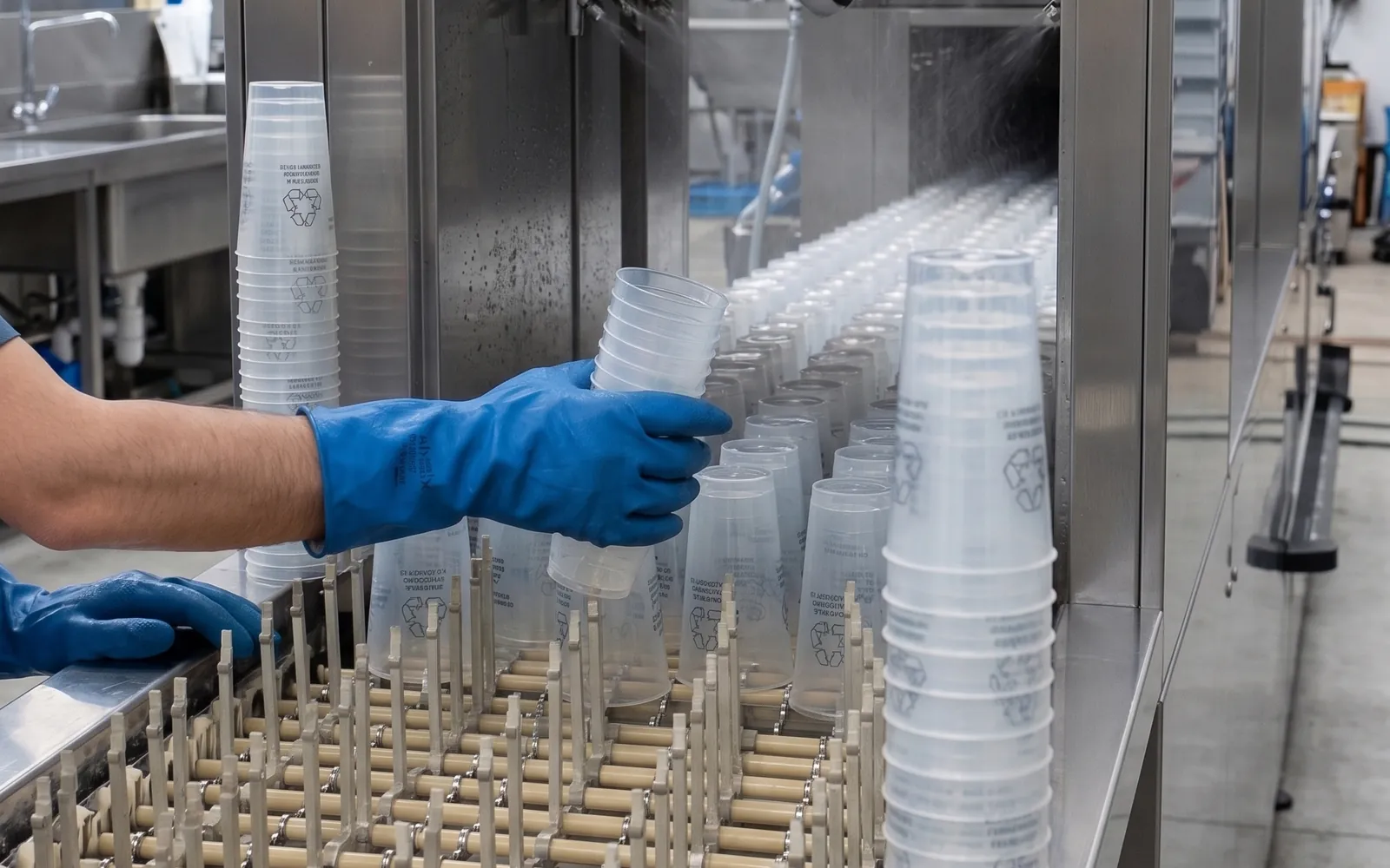 Gobelets réemployables alignés sur le convoyeur d'une laveuse industrielle, repris à la main gantée en sortie