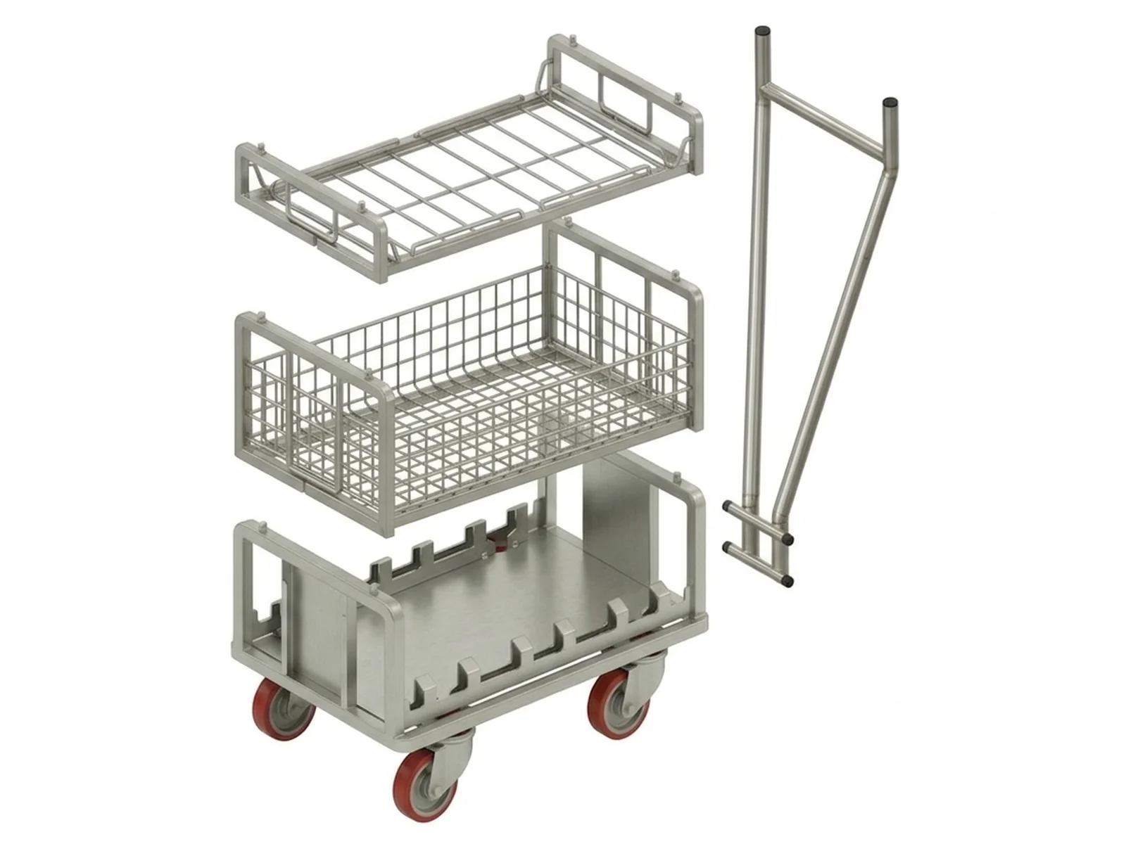 Vue éclatée des quatre éléments de la gamme logistique inox : socle rouleur, caisse filaire, caisse vrac et poignée amovible