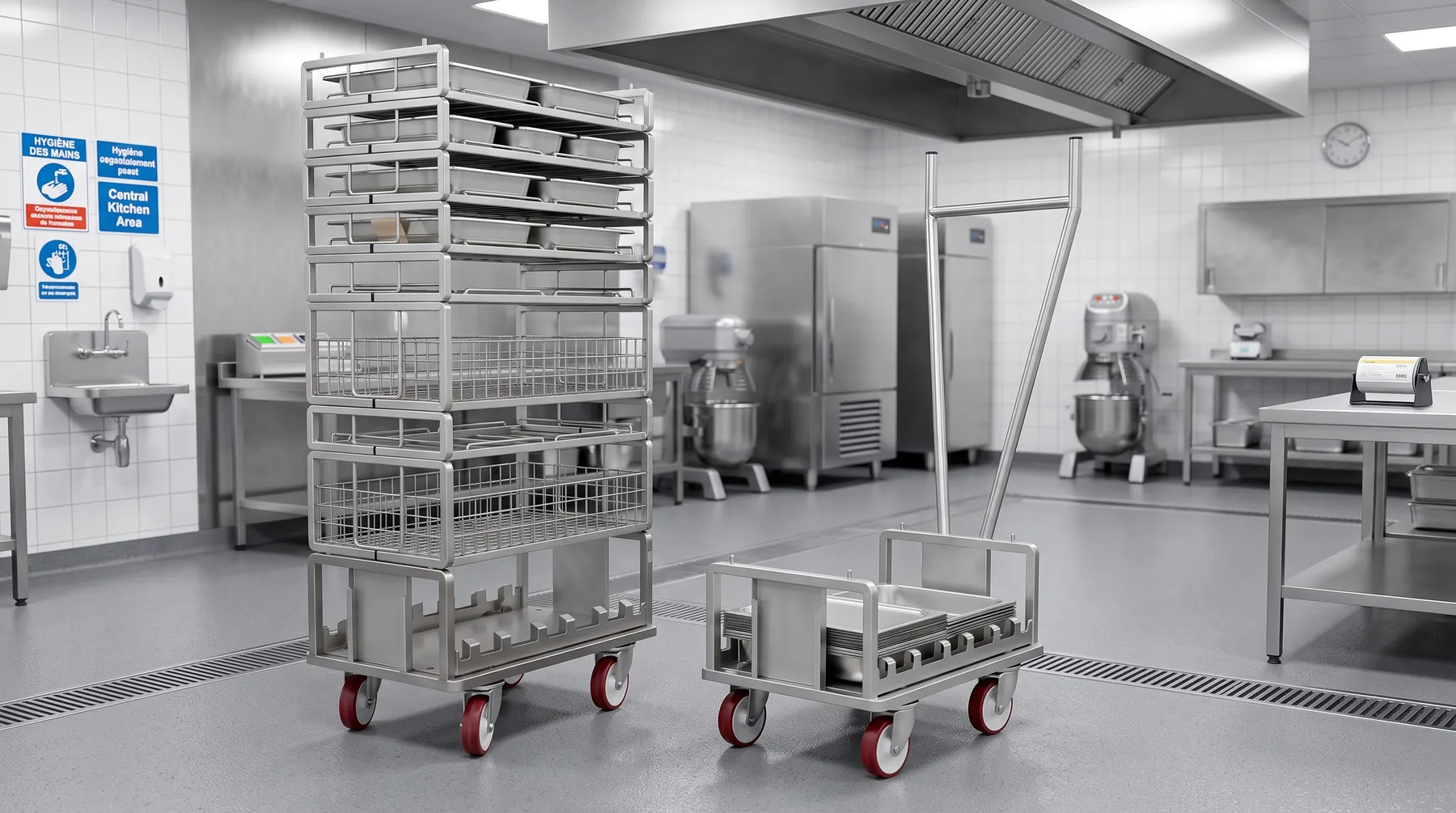 Socles rouleurs inox en cuisine centrale : pile de caisses filaires et couvercles GN prêts à rouler