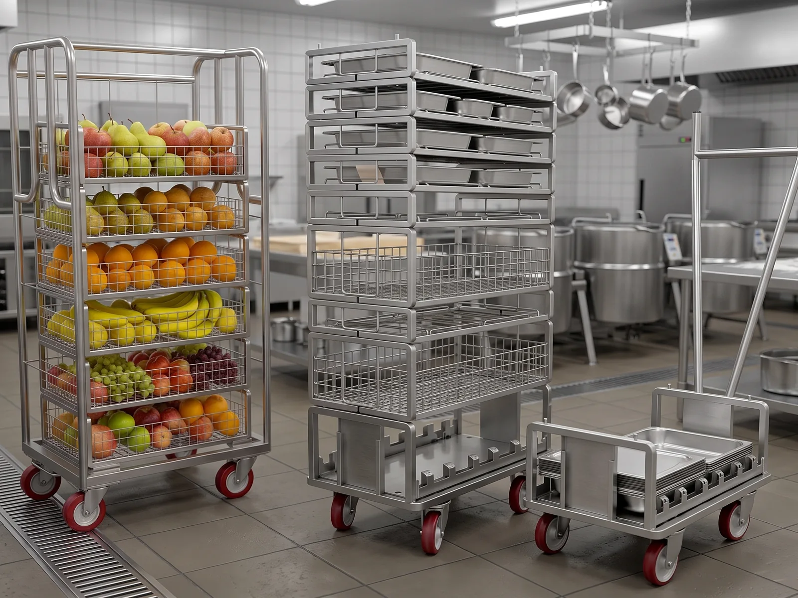 Roll chargé de fruits, pile de caisses filaires et socle rouleur à poignée dans une cuisine centrale