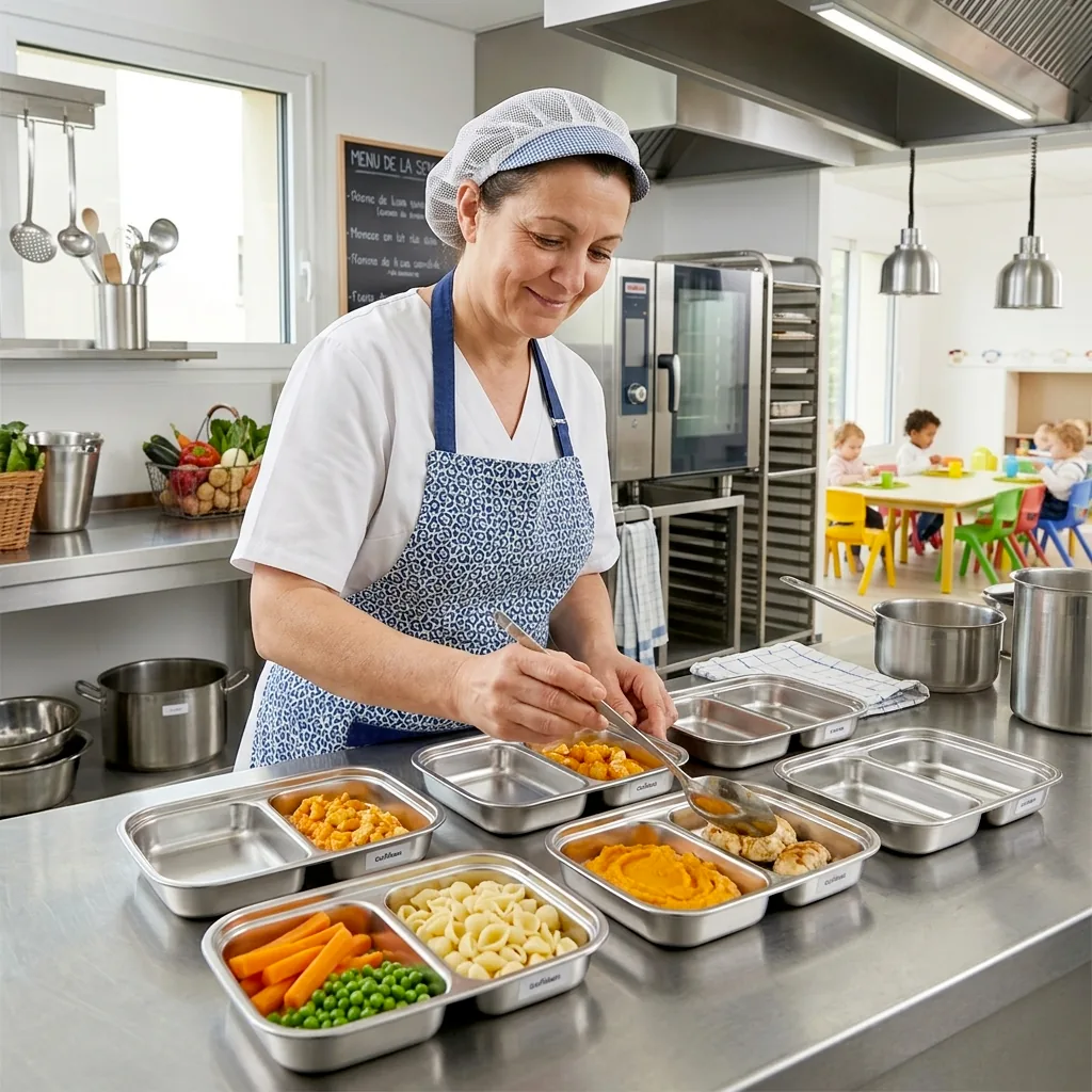 Cuisinière de crèche dressant des plateaux inox compartimentés de carottes, pâtes et purée, les enfants attablés en arrière-plan