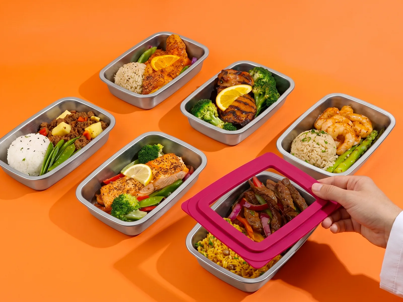 Six barquettes inox garnies de plats complets sur fond orange, une main posant un couvercle rose sur la dernière