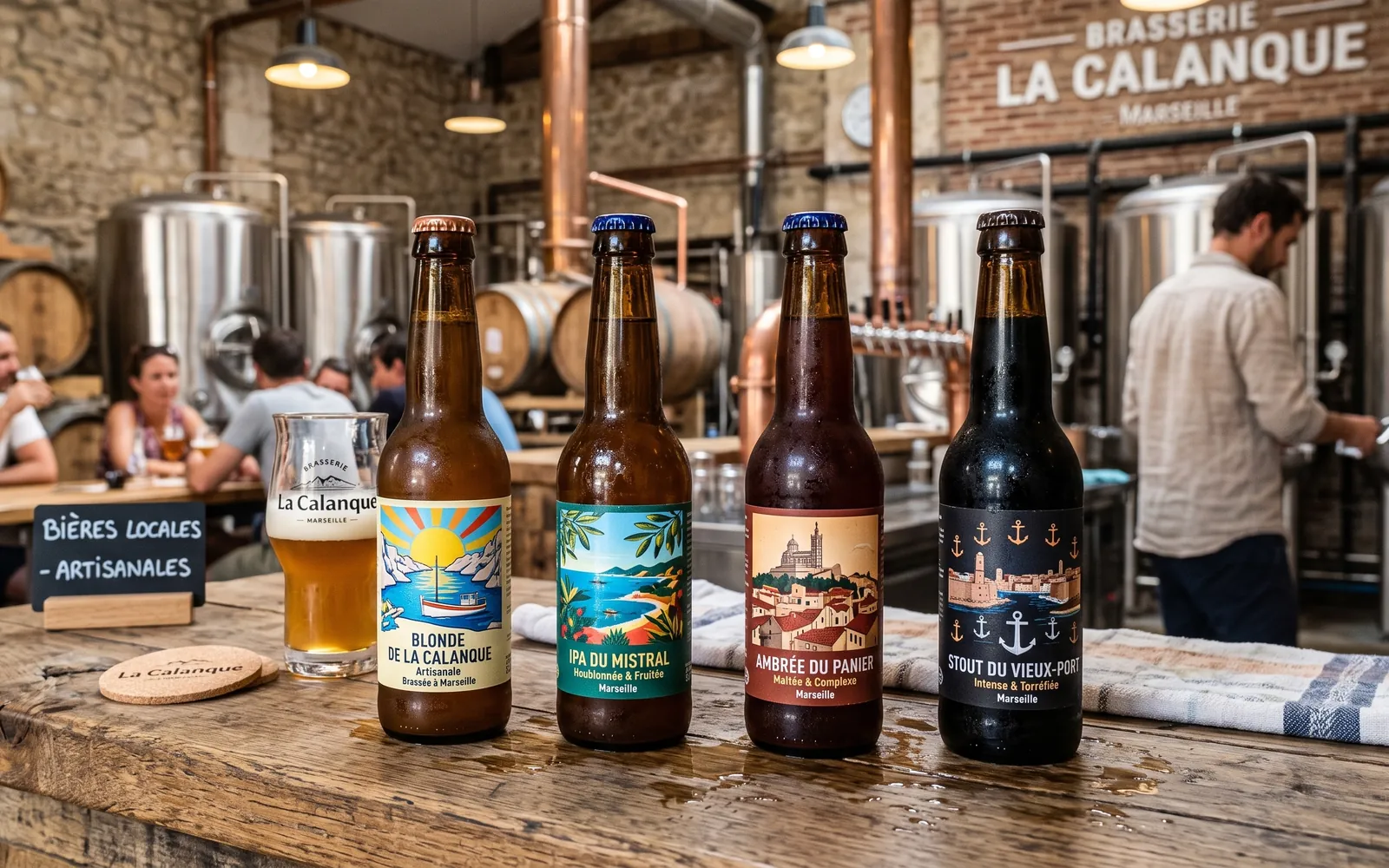 Bouteilles de bière consignées alignées sur le comptoir d'une brasserie artisanale, cuves en arrière-plan