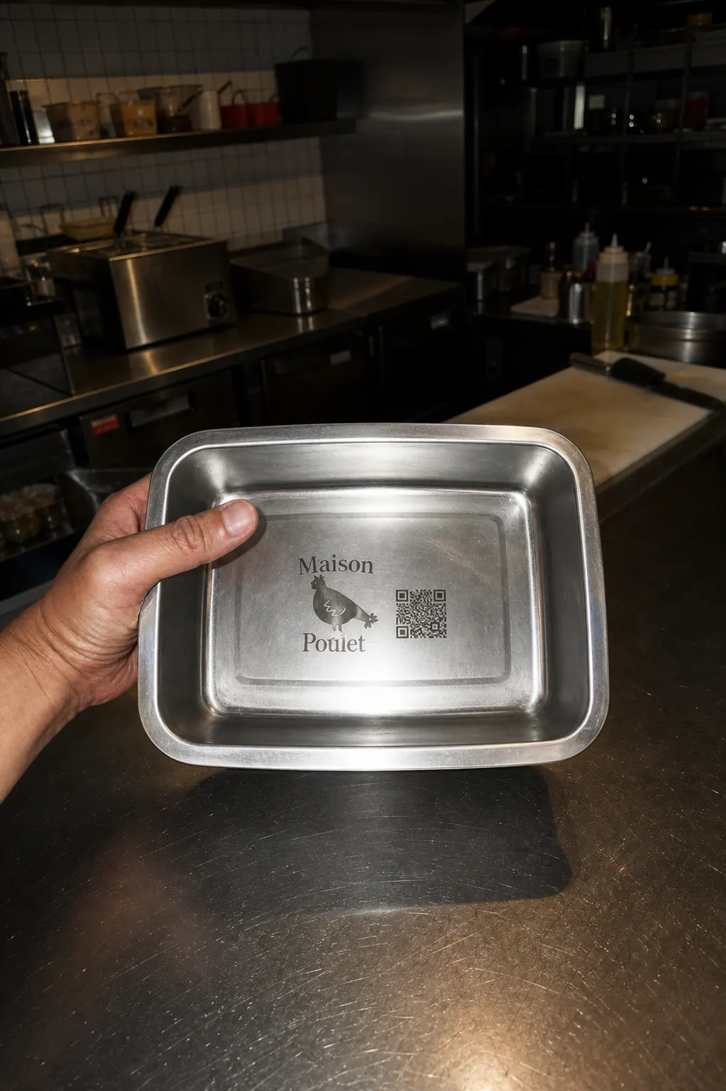 Barquette inox tenue à la main, son fond gravé au laser du logo du traiteur et d'un QR code, dans une cuisine de restaurant