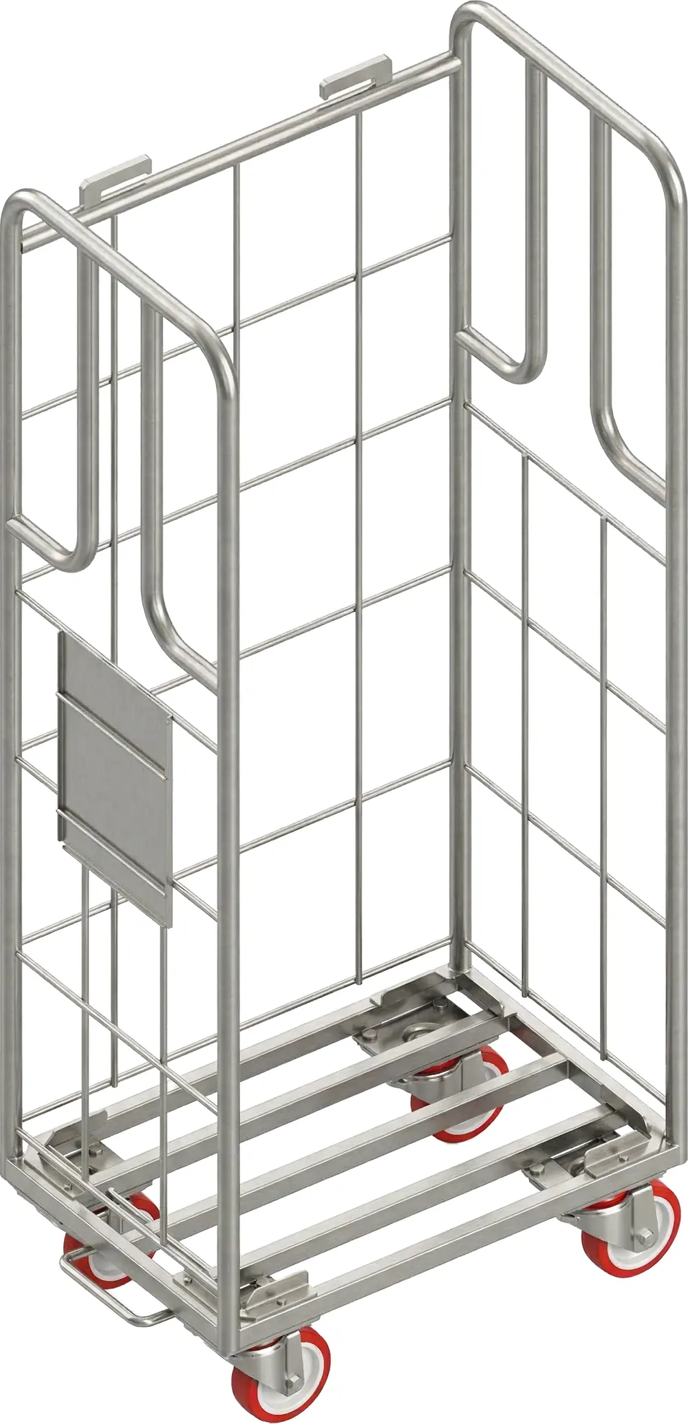 Roll logistique inox à parois grillagées vu de trois quarts, base à lisses et quatre roulettes à bandage rouge